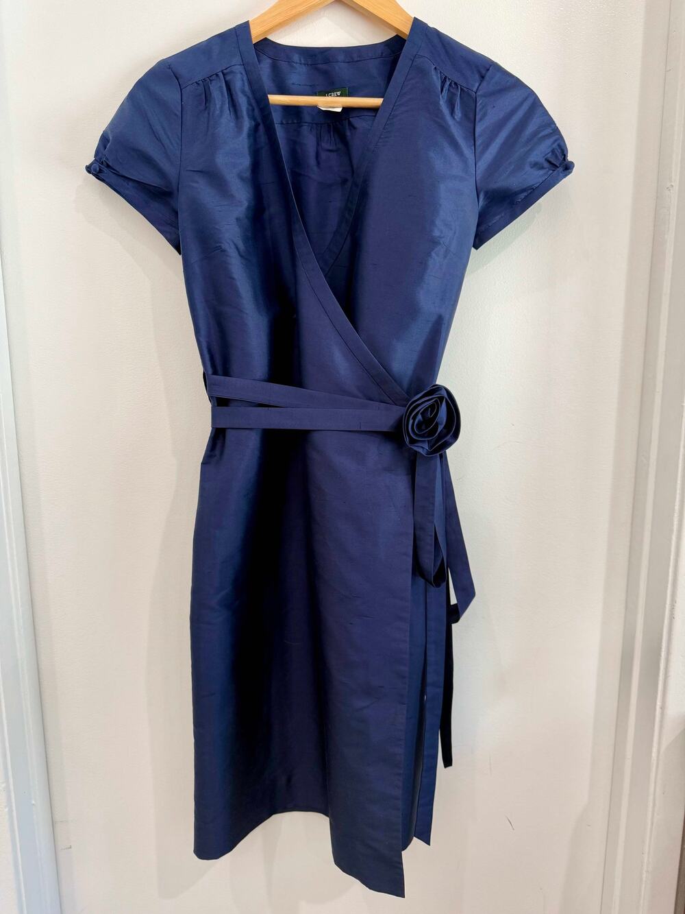 EUC Vintage Y2K J.CREW 100% Silk Navy Preppy Wrap Shirtdress Size 0P Wedding